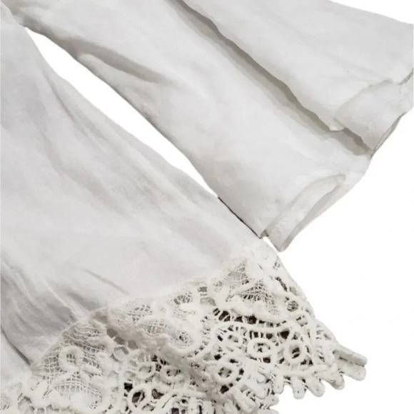 Lungo L'arno White Linen Crochet Trim Bell Sleeve Blouse S - Picture 2 of 4